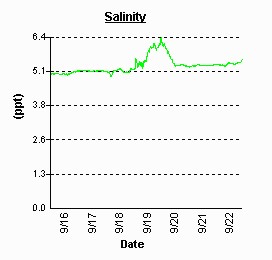 A graph of salinity data during 16 - 22 September 2003 from the continuous monitoring station at Stonginton on the Magothy River.