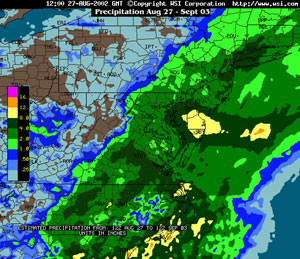 Radar map showing total rainfall in Pocomoke River area during 27 August - 3 September 2002