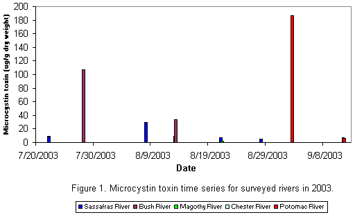 A graph of microcystin toxin time series for survey rivers in 2003.