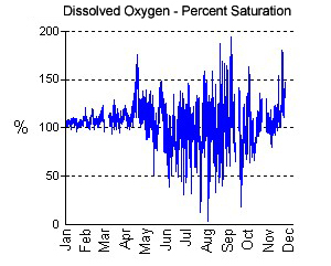 An example from the Magothy River continuous monitoring station at Stonington showing little variation in winter and early spring dissolved oxygen (DO) levels, supersaturation of DO in the late spring, and highly variable summer DO levels.