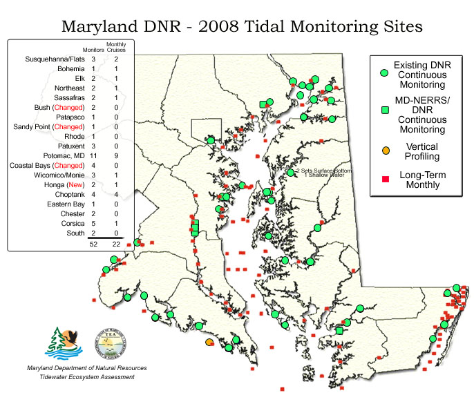Map of DNR monitoring sites across Chesapake Bay.