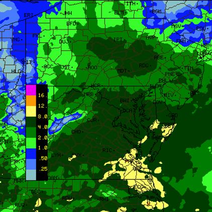 Map of maryland showing high levels of precipitation.
