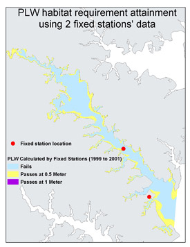 A map showing the Percent Light in Water (PLW) calculated from data at 2 fixed stations in the Severn River.