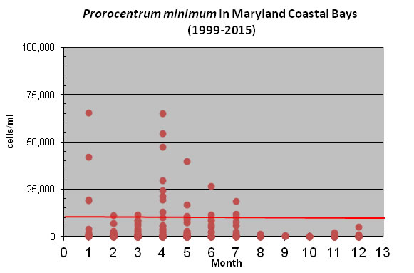 Chart of Monthly Prorocentrum density in Maryland Coastal Bays 1999 to 2015