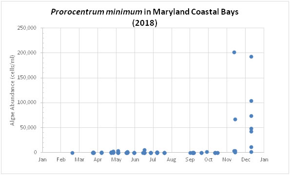 Chart of Prorocentrum minimum abundance in Maryland Coastal Bays in 2018