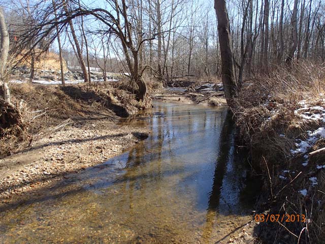 Field photo showing stream conditions at site BRIG-101-A-2013-MidpointUpstream