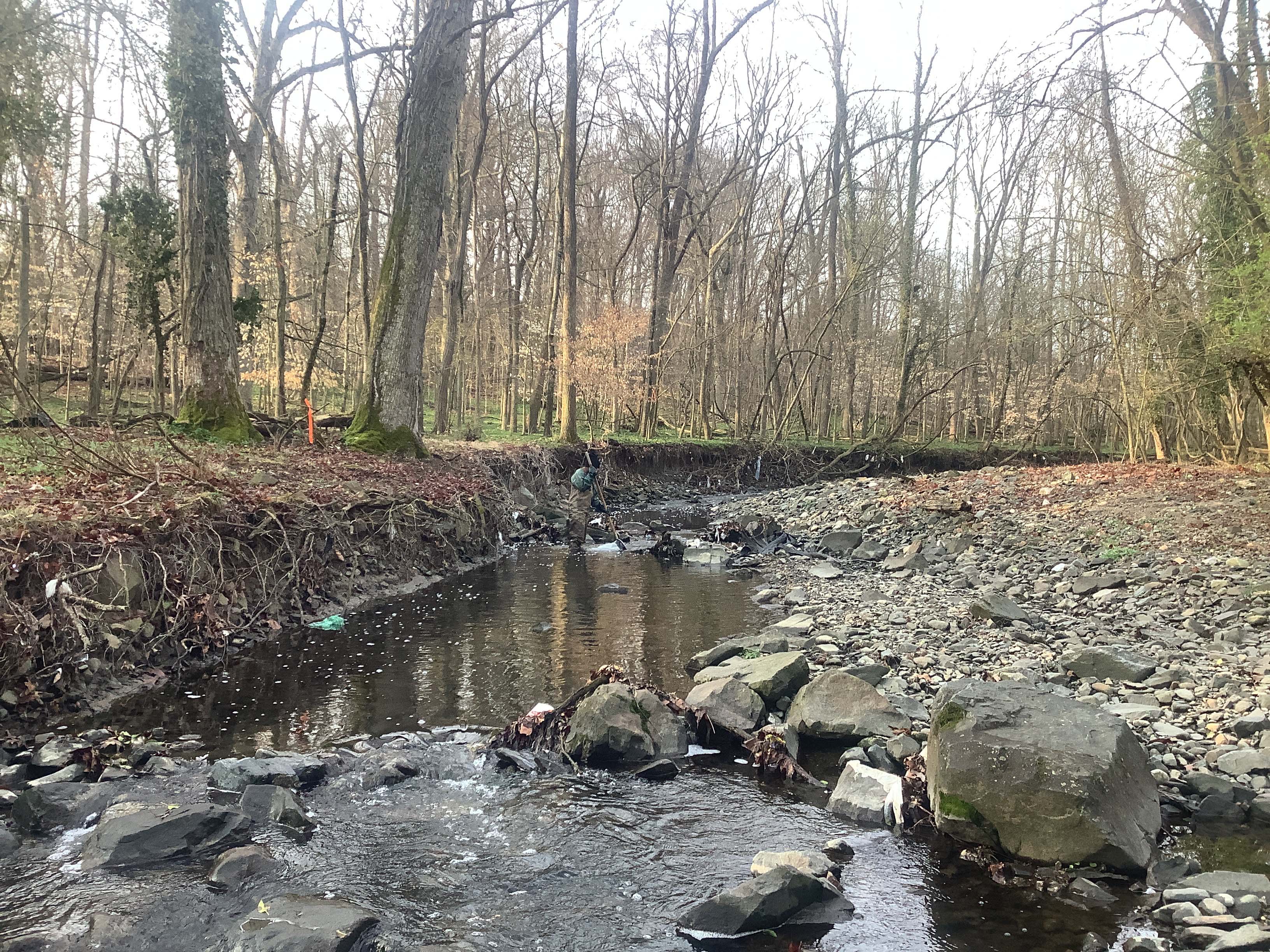 Field photo showing stream conditions at site JONE-220-R-2023_Midpoint_facing_upstream